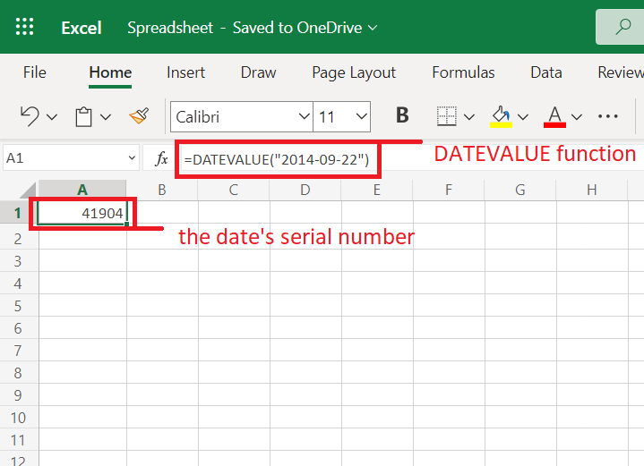 =DATEVALUE("2014-09-22"), when entered in the input box, appears as "41904" in the cell.