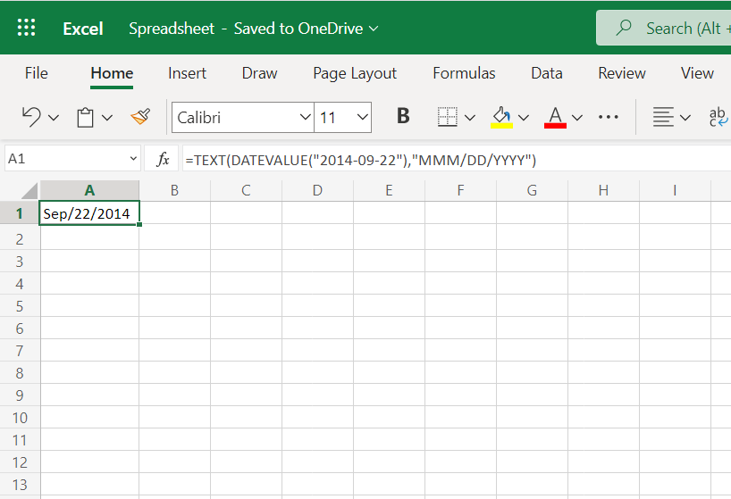"=TEXT(DATEVALUE("2014-09-22"),"MMM/DD/YYYY")", when put in the input box appears as "Sep/22/2014".