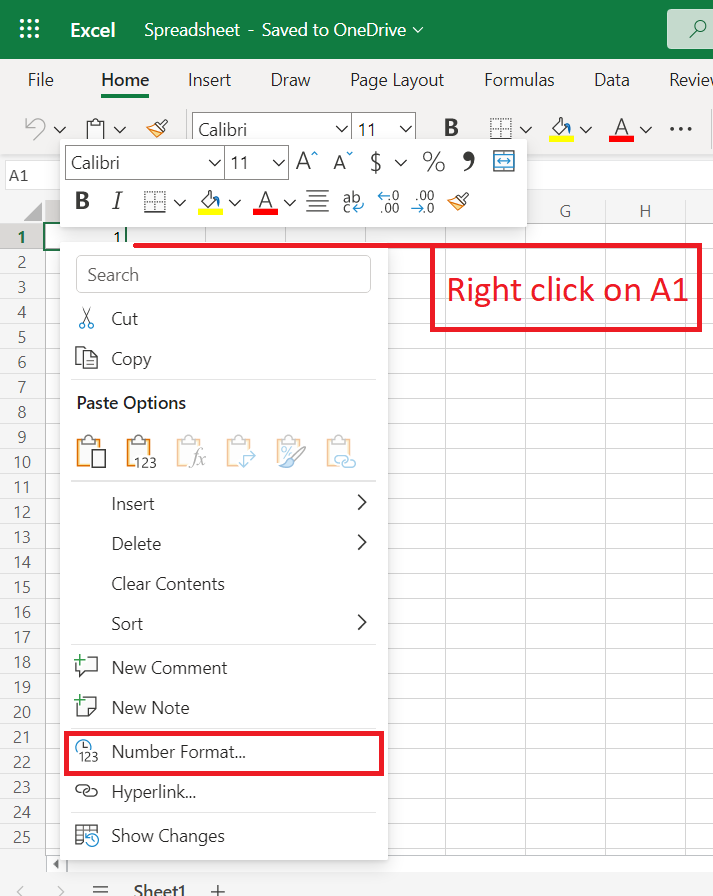 Right click on the cell you want to format, and select "Number Format" from the dropdown menu.