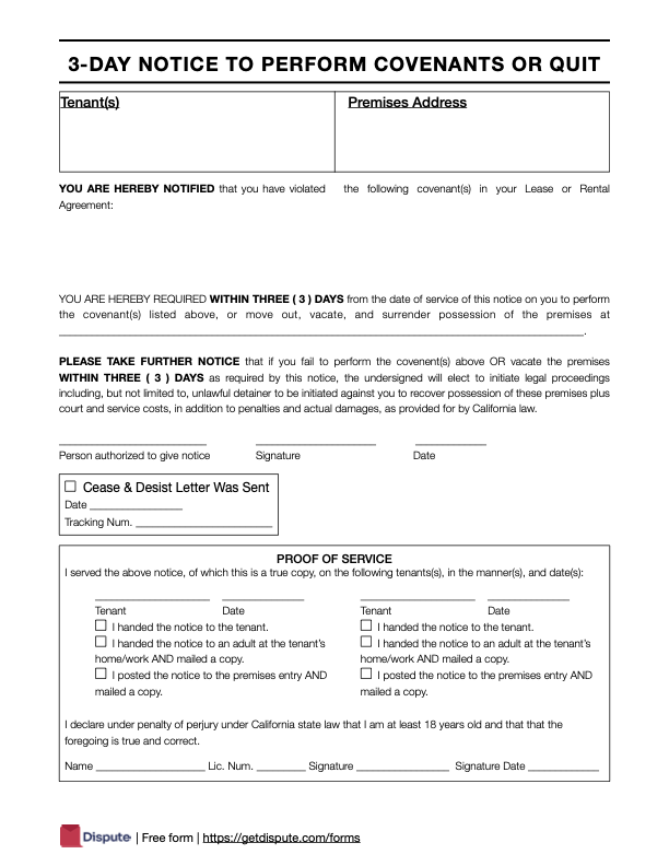 Example form for the 3-Day Notice to Perform or Quit