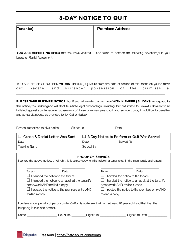 Example PDF of a 3-Day Notice to Quit form