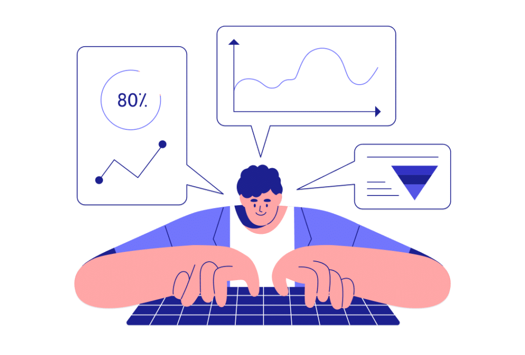 illustration of analyst at a computer with pop up bubbles showing data visualizations  