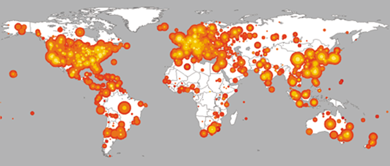 An impact heat map of the WannaCry ransomware attack, affecting businesses across all continents