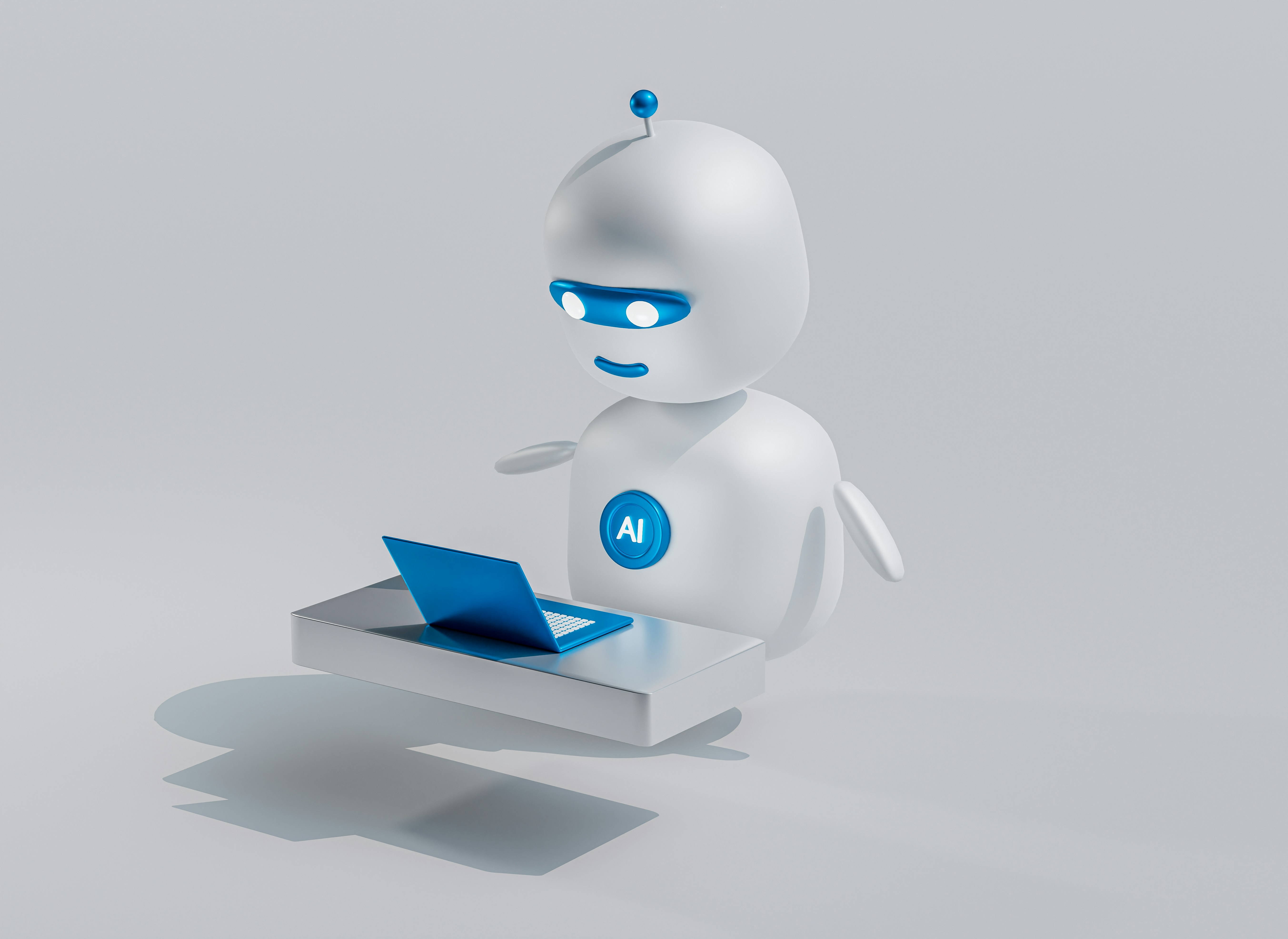 cartoon style illustration of a robot using a laptop with AI on its chest 