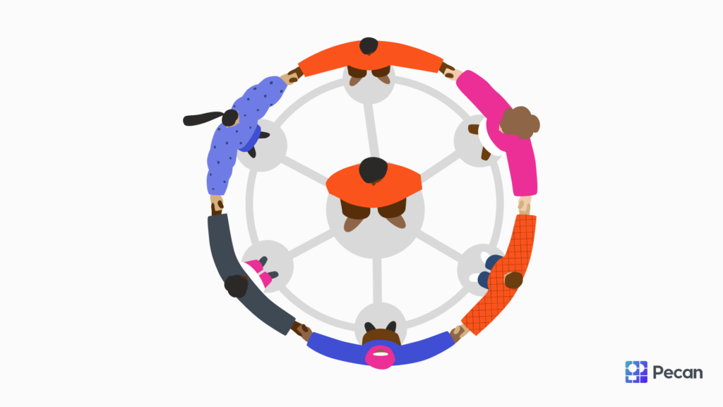 Circle of people holding hands to represent a data team  