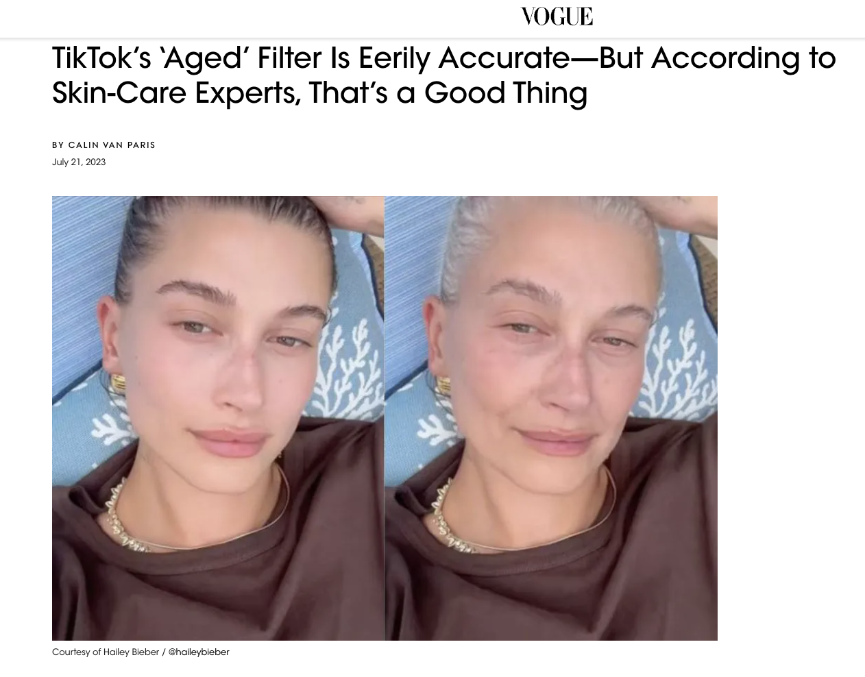 Young celebrity, Hailey Bieber, in a side-by-side using the aging filter on TikTok 