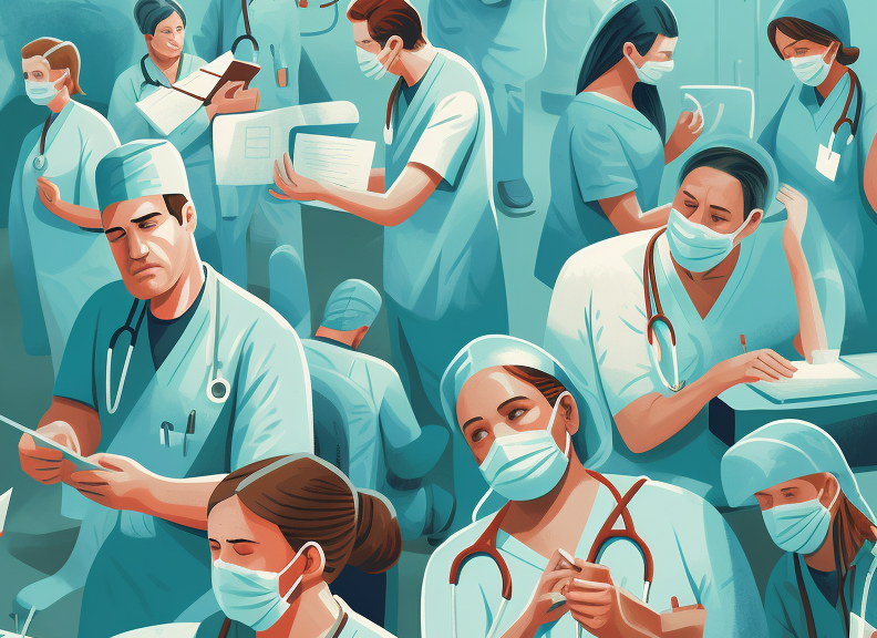 A collage-style illustration of various health care workers 