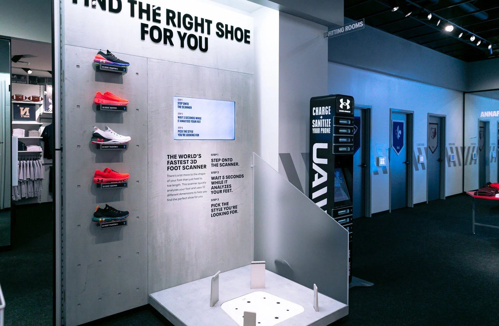 Photograph of the AI-powered foot scanner at an Under Armour store    