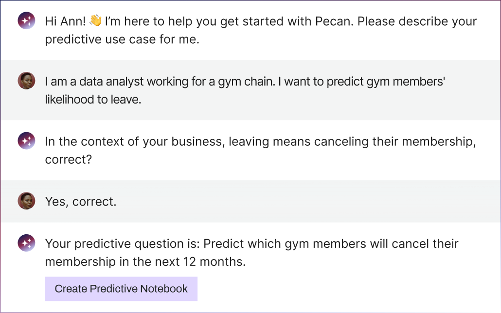 An example of Pecan's Predictive Chat at work  