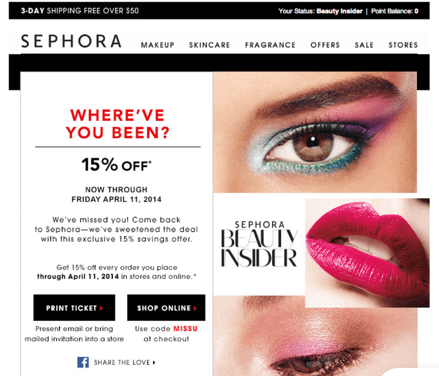 a screenshot of an email from sephora promoting a reactivation discount       