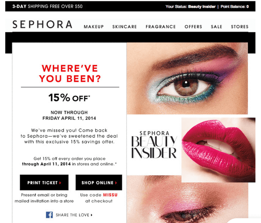 a screenshot of an email from sephora promoting a reactivation discount        