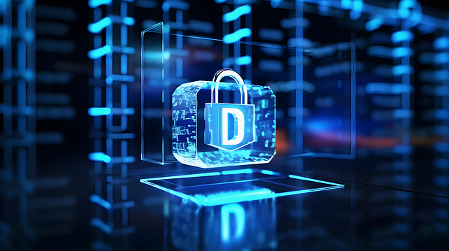 Graphic illustration of a padlock with a digital background