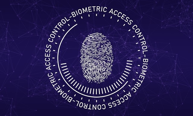 Graphic illustration of a thumbprint in a logo style with "Biometric access" repeated as the border
