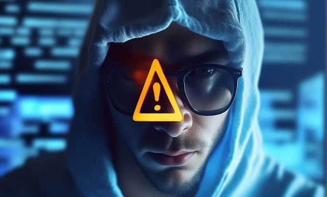Person in hoodie representing a malicious insider with a graphic exclamation point warning icon 