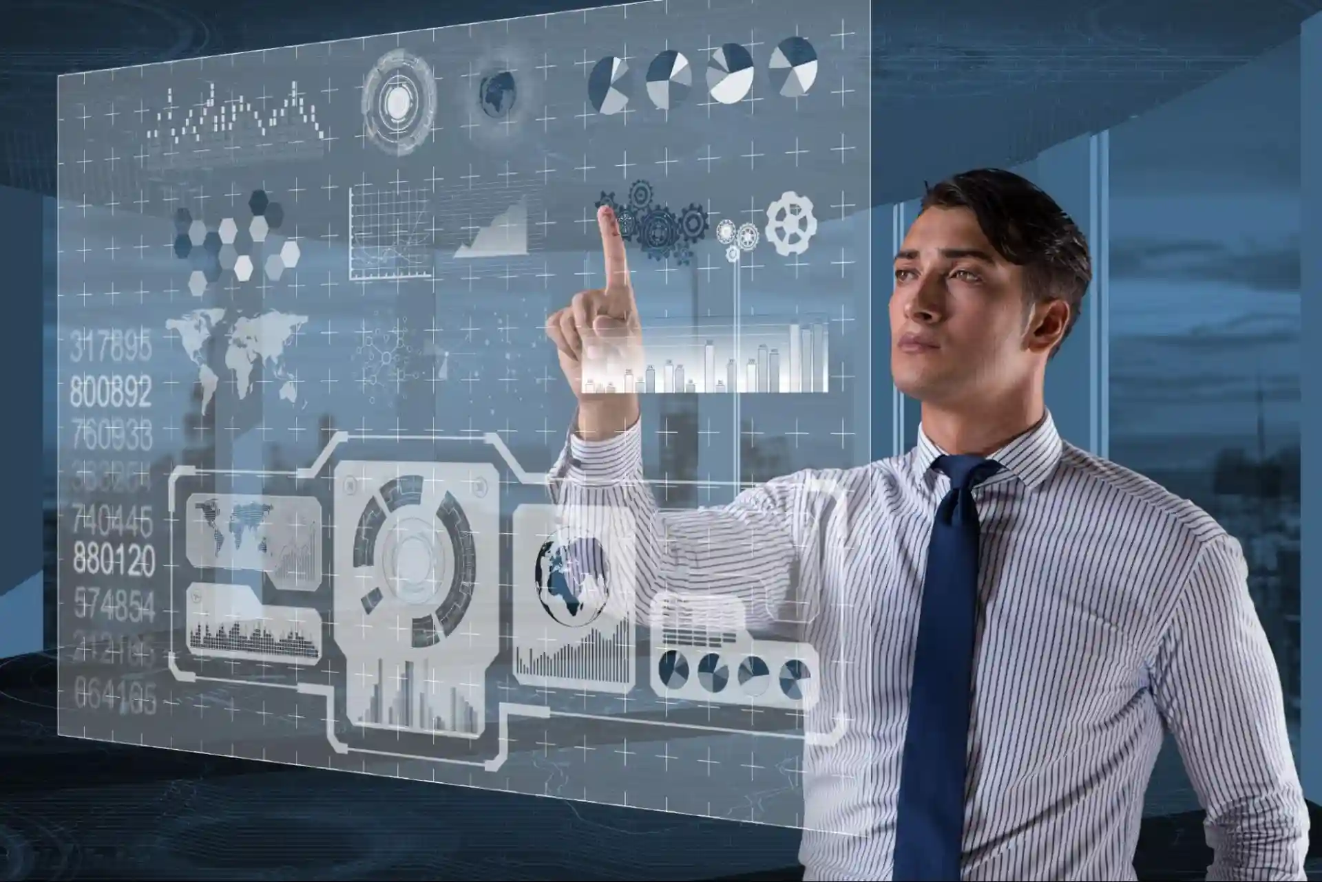 Professional touching a graphic illustration of a user interface with analytics