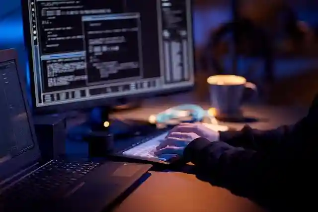 Person using a computer with keyboard and multiple screens in a dark setting