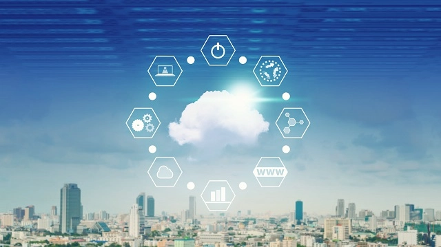 Cloud surrounded by data, computing, IT icons