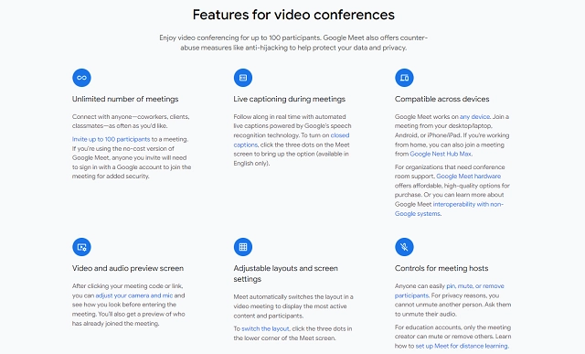 Google Meet video conferences features screenshot