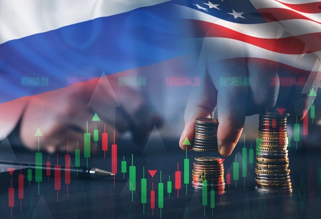 Person moving stacks of coins with a flag and stock market background