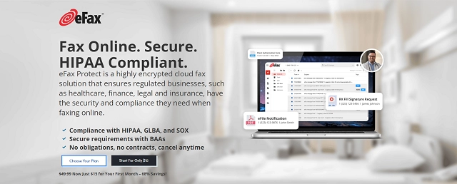 Screenshot of eFax HIPAA-compliant faxing solution website