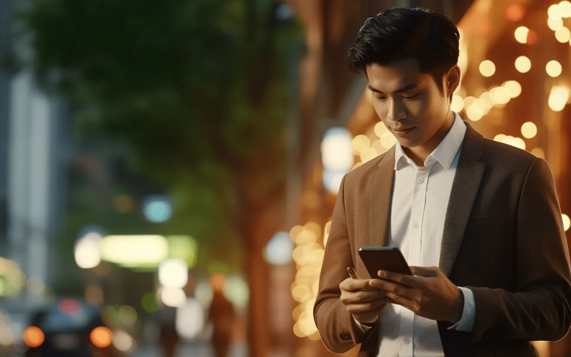 A young professional using their cell phone on a busy, nighttime street.