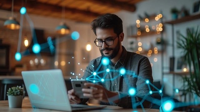 Person using cloud computing resources on a laptop and smartphone