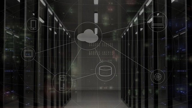 Server room with cloud computing graphic overlay