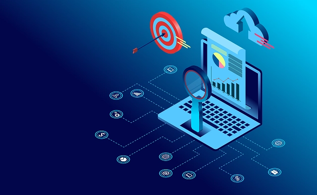 Graphic of a laptop, bullseye, and magnifying glass representing data protection