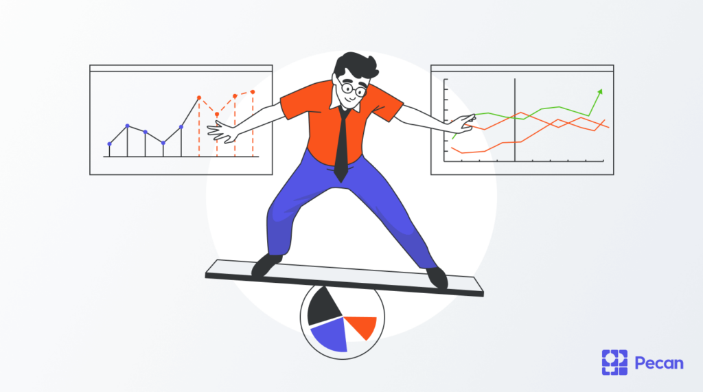 A man balancing on a ball, between two graphs. 
