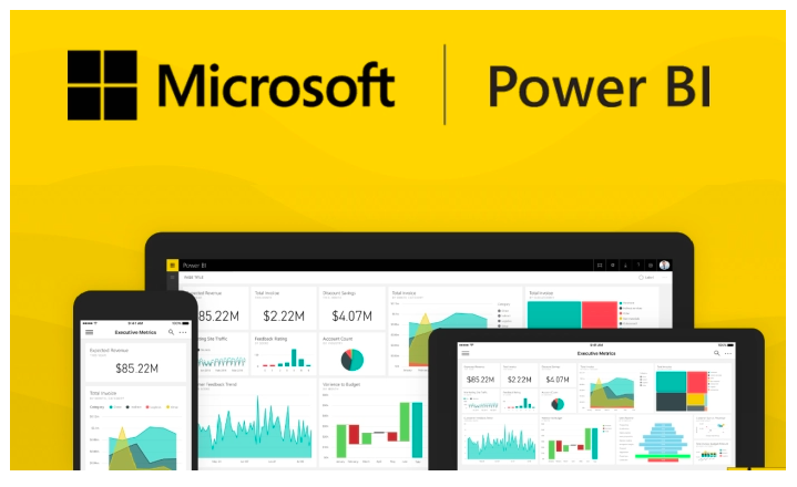 Microsoft Power BI logo, a mobile device, tablet, and computer screen with the software in use. All these are on a yellow background. 